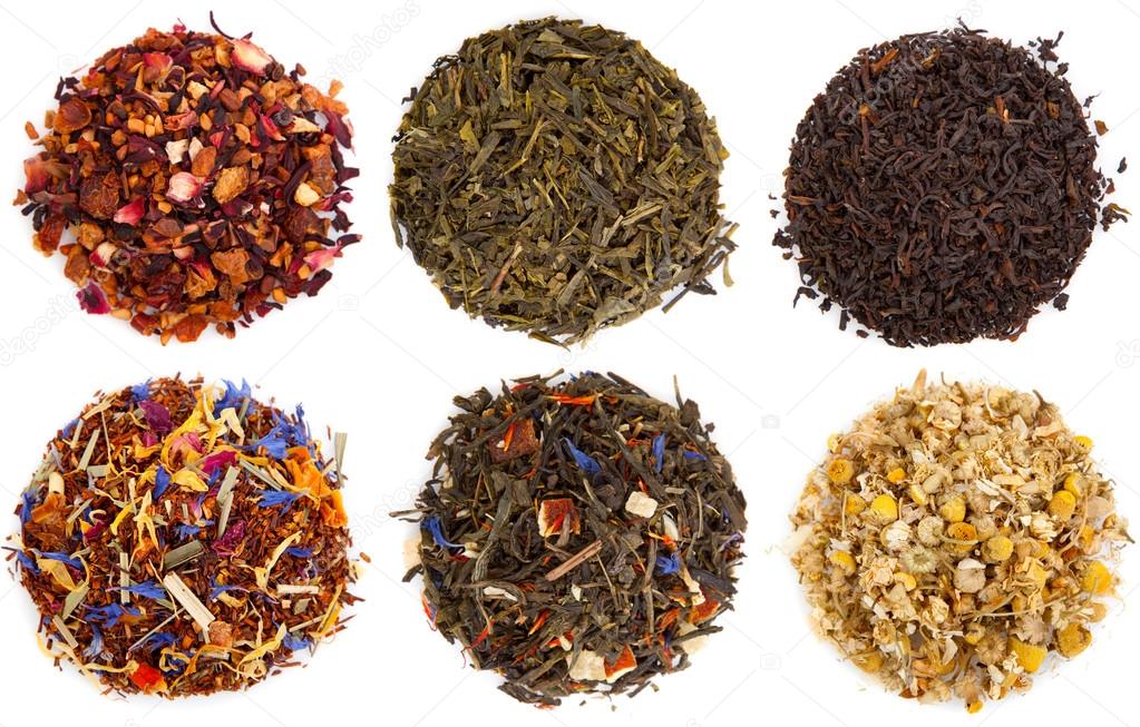 Assortment of dry tea, isolated on white