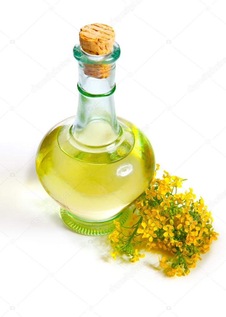 Fresh rapeseed oil in a bottle, isolated on a white background