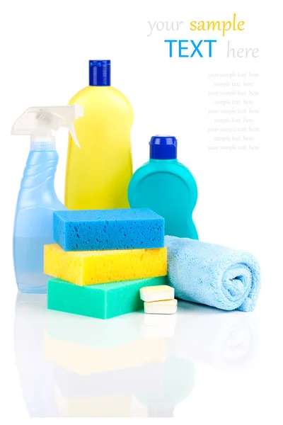 Plastic detergent bottles with sponges — Stock Photo, Image