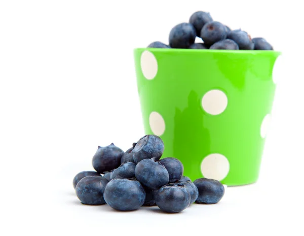 Fresh blueberry in a green mug over a white background. — Stock Photo, Image