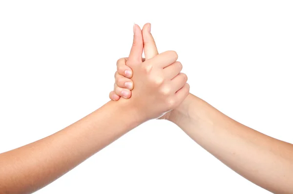 Two hands teenager, holds his thumb up. Teamwork. Symbol for suc — Stock Photo, Image