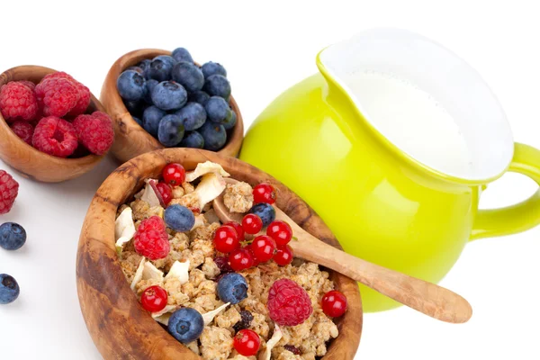 Muesli breakfast with fruit and milk — Stock Photo, Image