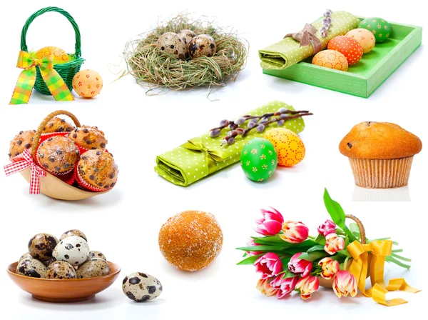 boyalı Paskalya yumurtaları, kekler ve bıldırcın yumurtası, Lale ayarlayın. Tarih