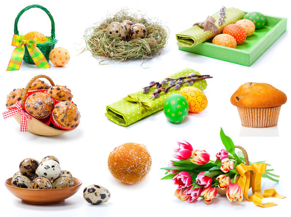 set of tulips, painted easter eggs, muffins and Quail eggs. on