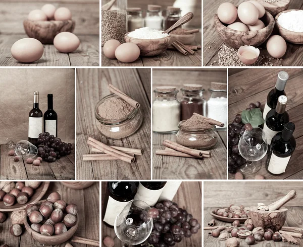 Colección de vino tinto, huevos, canela y frutos secos sobre mesa de madera —  Fotos de Stock