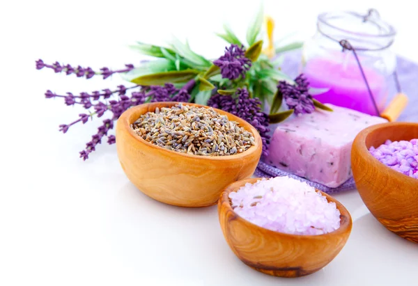 Dry Lavender herbs and bath salt isolated on white background — Stock Photo, Image