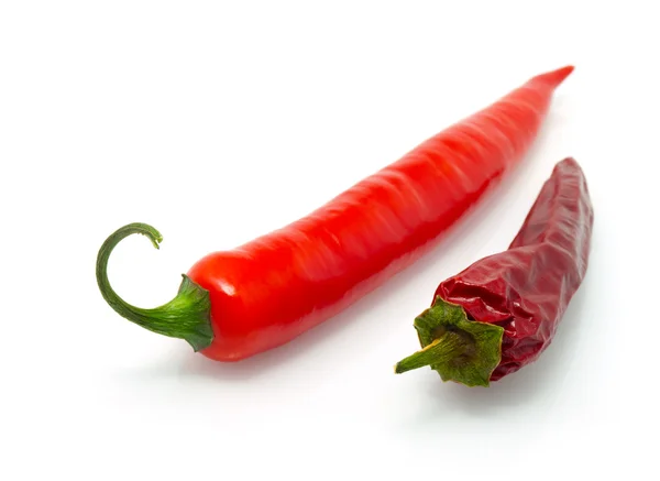 Red hot chili pepper and dried red pepper, isolated on a white b — Stock Photo, Image