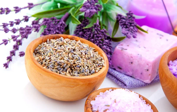 Erbe secche di lavanda e sale da bagno isolato su sfondo bianco — Foto Stock