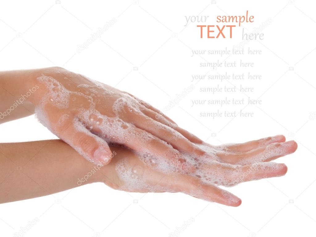 washing teenager hands isolated on white background