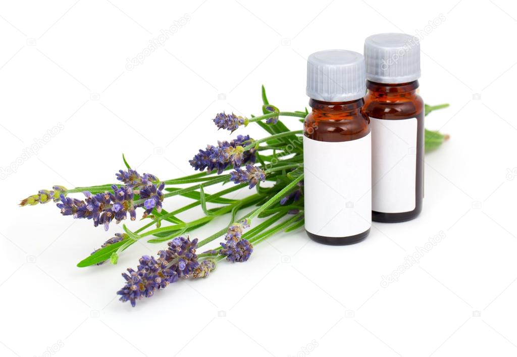 Aromatherapy Lavender oil and lavender flower, isolated on white