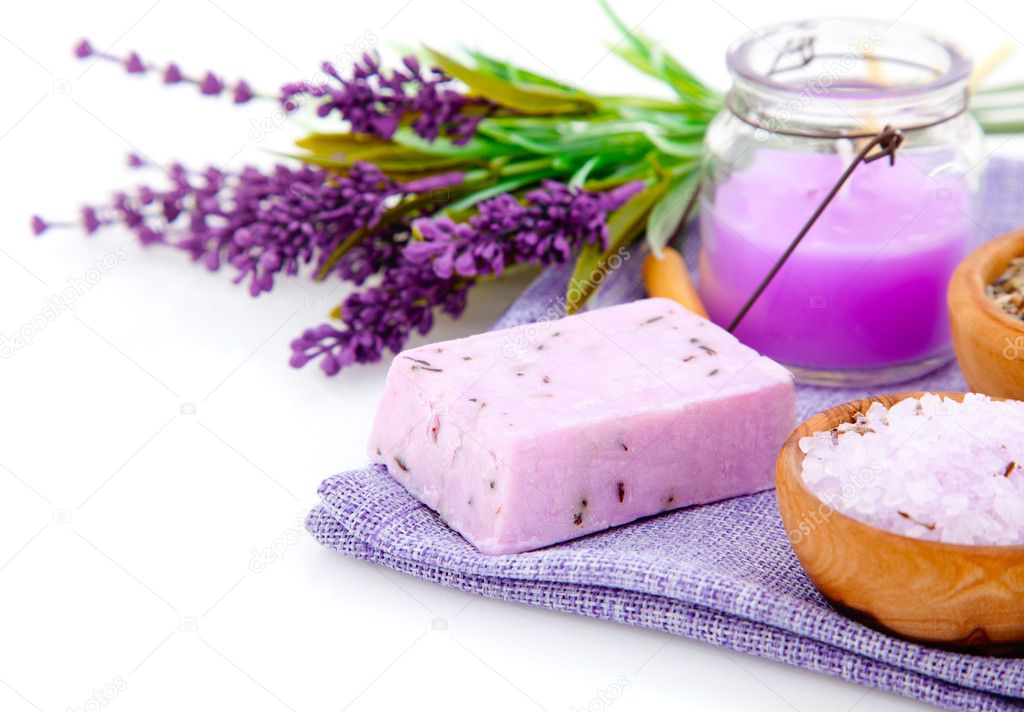 lavender soap, bath salt and candle isolated on white background
