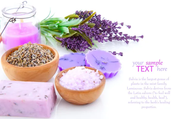 Bar of natural soap, dry Lavender herbs and bath salt isolated — Stock Photo, Image