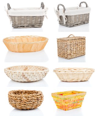 set of wooden baskets, isolated on a white background clipart