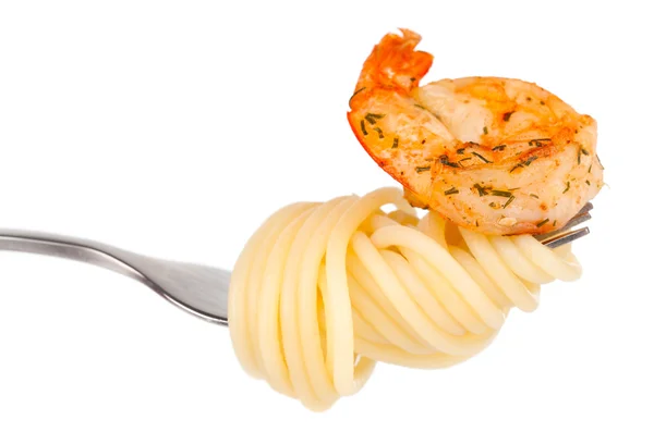 Shrimp Linguine with Pasta on a fork. Focus on shrim — Stock Photo, Image