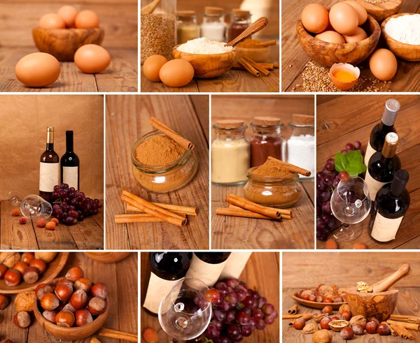 Collection of red wine, eggs, cinnamon and nuts on wooden table — Stock Photo, Image