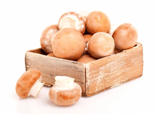 Fresh mushrooms in a old wooden box — Stock Photo, Image