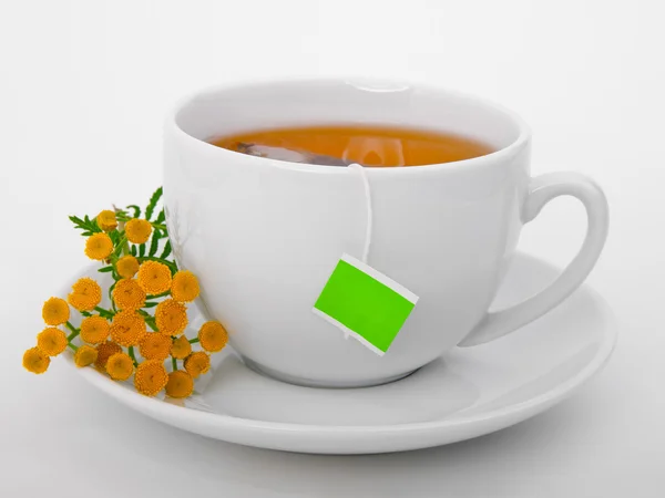 Grüner Tee mit Teebeutel und Kräuterblume. auf weißem Hintergrund — Stockfoto