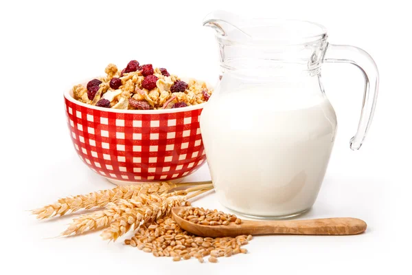 Tazón de copos de avena, y leche fresca, sobre fondo blanco. salud a —  Fotos de Stock