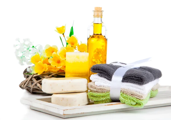 Two bars of soap and toiletries for relaxation, isolated on whit — Stock Photo, Image