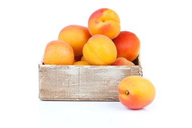 Ahşap kutusunda, beyaz adam izole olgun kayısı