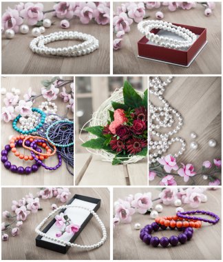 çok renkli mercan bilezik ve pembe flowe ile yapay inciler