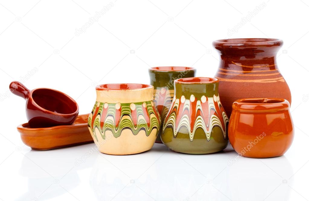 old kitchenware (clay pots), on white background