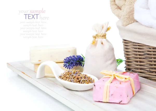 Closeup of lavender soap and scented sachets with dry lavender f — Stock Photo, Image