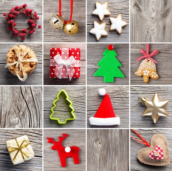 Set di decorazioni natalizie, su sfondo di legno — Foto Stock
