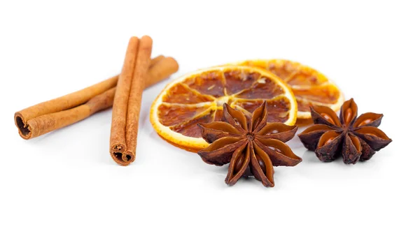 Dry orange, cinnamon and Star Anise with copy space, on white ba — Stock Photo, Image