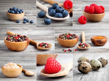 farklı baharatlar ve berry ahşap zemin üzerinde toplama