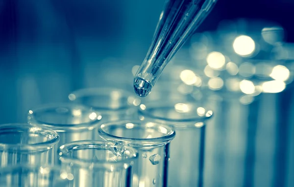 Pipette adding fluid to one of several test tubes — Stock Photo, Image