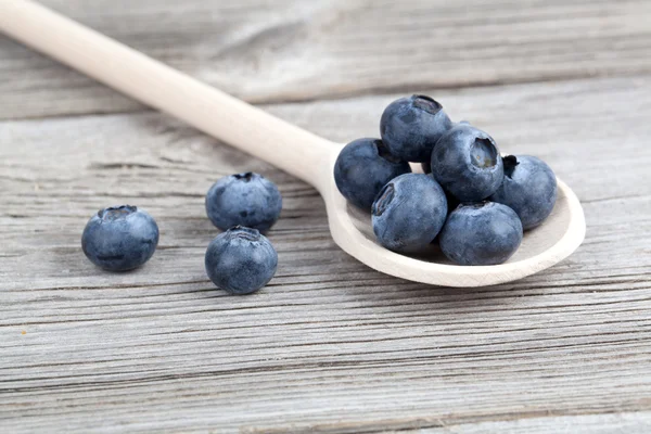 Blueberries on a wooden spoon — Stockfoto