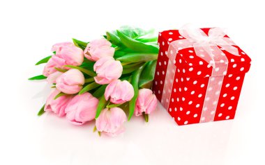 kırmızı benekli hediye kutusu ile güzel bir lale. mutlu anneler günü,