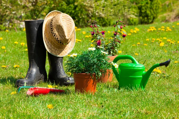 Gardening tools and a straw hat on the grass in the garden — Stock Photo, Image