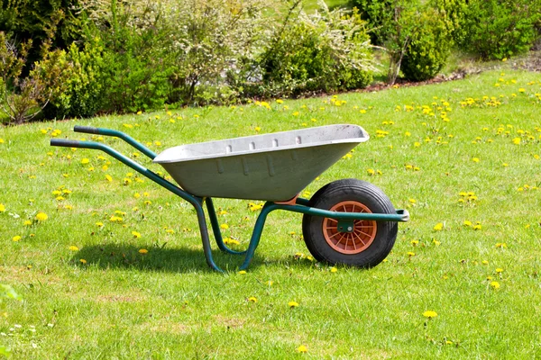 Tuin-kruiwagen op groen gras — Stockfoto