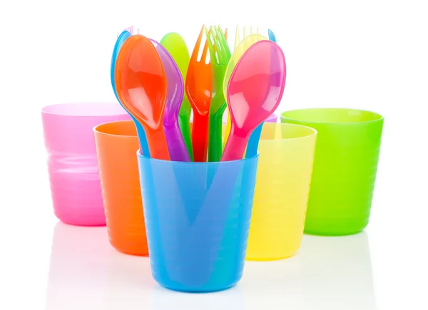 Bright plastic tableware, isolated on white background — Stock Photo, Image