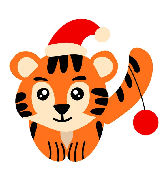 Netter Tiger mit Weihnachtsmütze. Neues Jahr für Kinder — Stockvektor