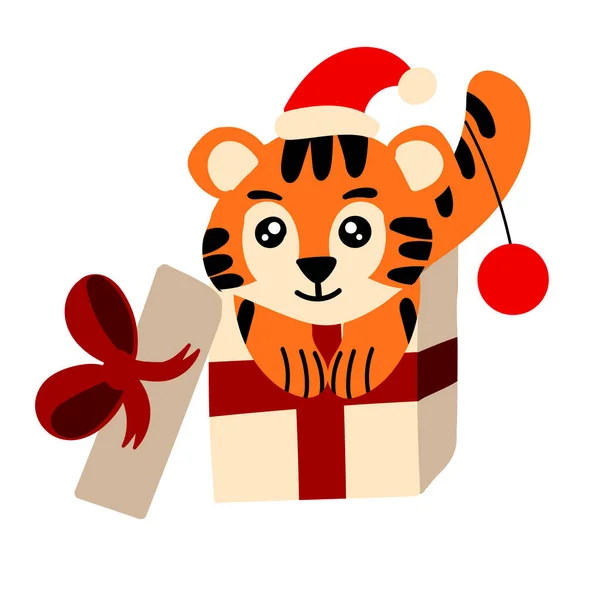 Симпатичный тигр в подарочной коробке. Новогодняя иллюстрация для детей — стоковый вектор