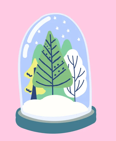Рождественские елки и снег в стеклянном пузыре. Рождественская иллюстрация — стоковый вектор