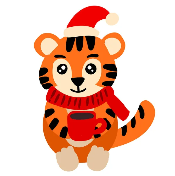 Cute tiger with red cup of tea. New year illustration for kids — Stock Vector