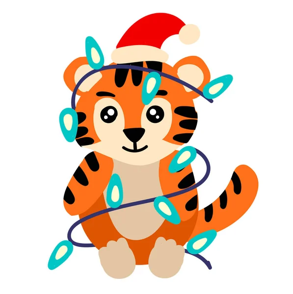 Симпатичный тигр с гирляндой. Новогодняя иллюстрация для детей — стоковый вектор
