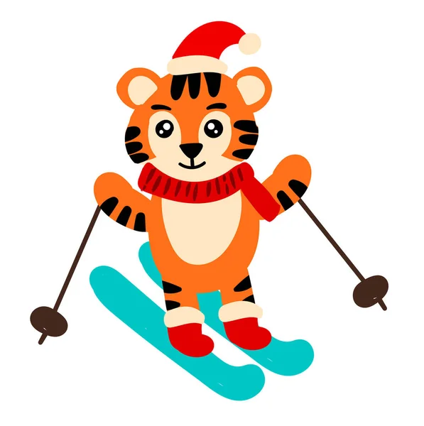 Cute tiger skiing. New year illustration for kids — Stock Vector