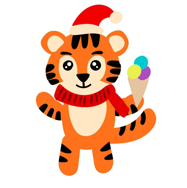 Cute tiger with ice cream. New year illustration for kids — Stock Vector