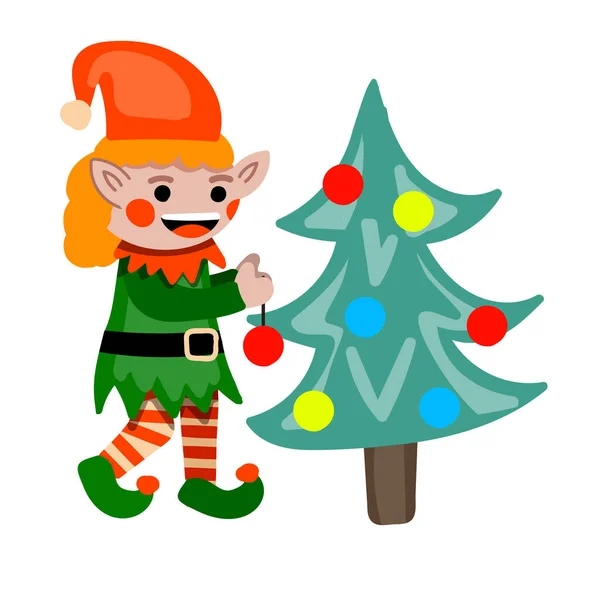 Happy Christmas elf decorating tree. Vector illustration — Stock Vector