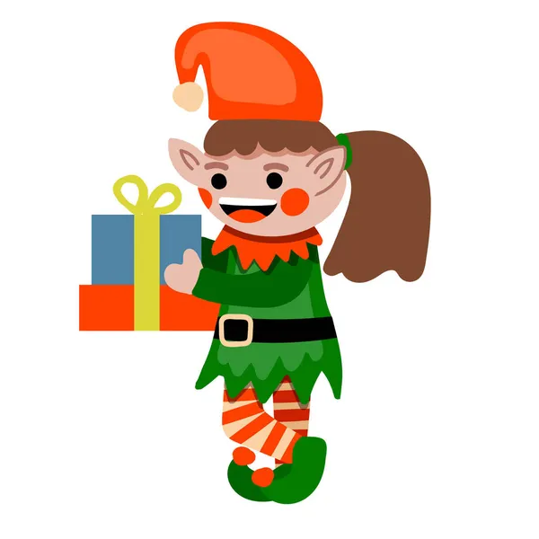 Happy Christmas elf carrying ifts. Vector illustration — Stock Vector