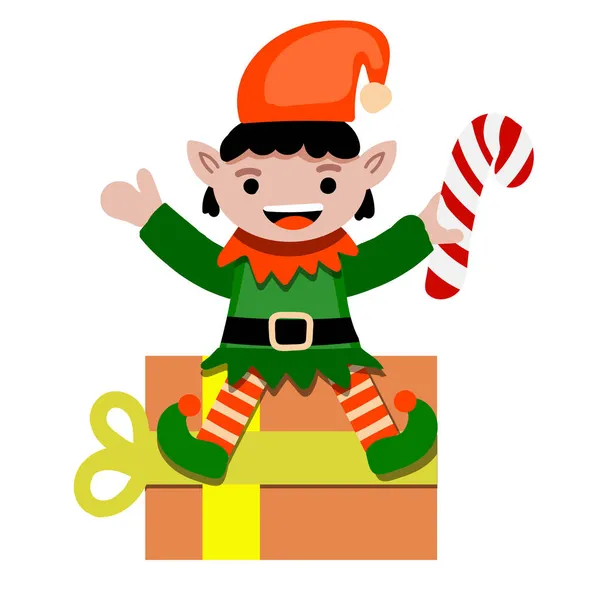 Joyeux elfe de Noël assis sur une boîte cadeau. Illustration vectorielle — Image vectorielle