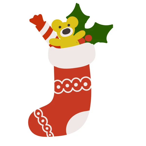 Christmas sock with toy, candy, and mistletoe branches — Stock Vector