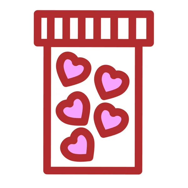 Caja con pastillas en forma de corazón. Icono de San Valentín. Ilustración vectorial — Vector de stock