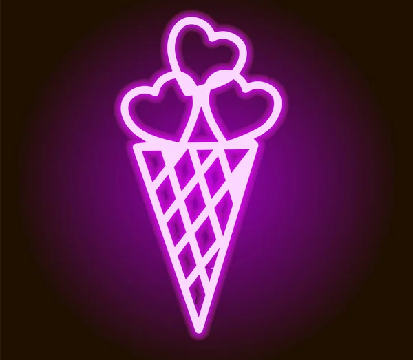 Neon ice-cream cone filled with hearts. Valentines day icon. Vector illustration — Stock vektor