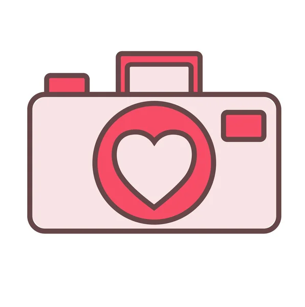 Cámara con corazón en lente. Icono de San Valentín. Ilustración vectorial — Vector de stock